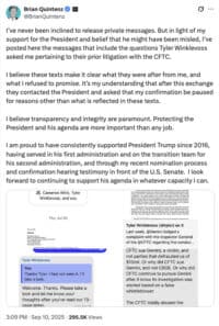 Private message leak exposure involving Tyler Winklevoss, CFTC investigation, and concerns over transparency and integrity in cryptocurrency regulatory communications.