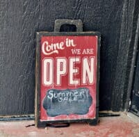 Come in, we are open summer sale chalkboard sign outdoor commercial retail business.