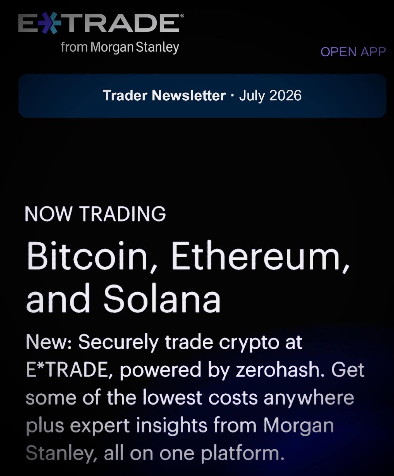 CROWDFUNDINSIDER: Morgan Stanley's ETRADE Rolls Out Direct Spot Trading for Bitcoin, Ethereum, Solana